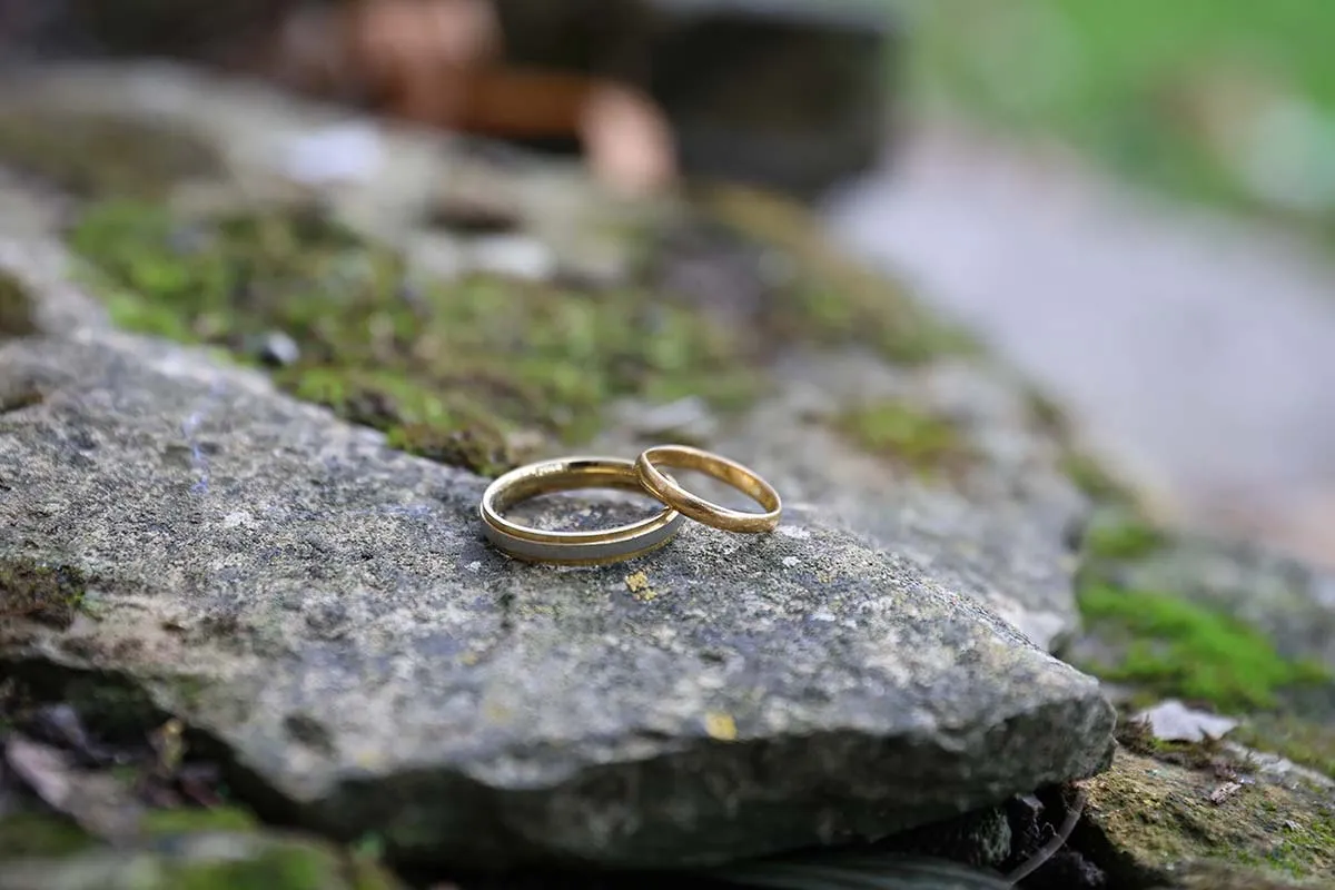 Wedding rings photographed on mossy stone